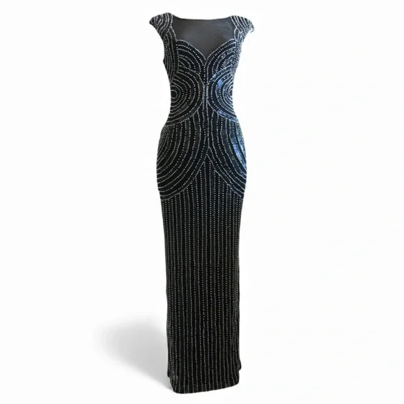 Parker Black Fully Beaded Art Deco Evening Gown Mesh Illusion Maxi Dress Size 4 - Picture 3 of 14